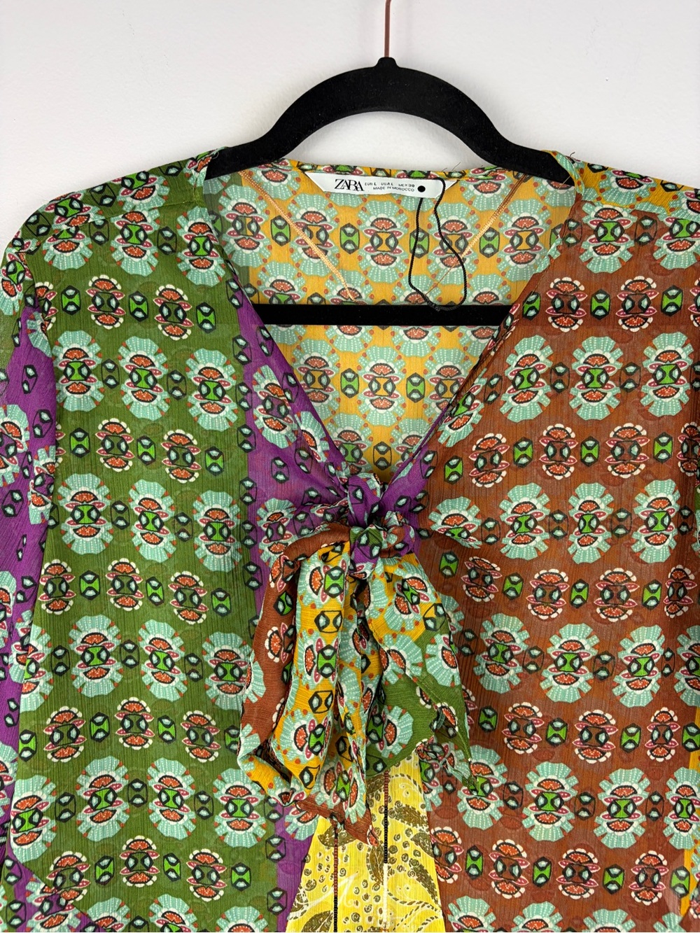 Zara Patchwork Boho Print Tie Front Ruffle Blouse Multicolor Large - Picture 6 of 15